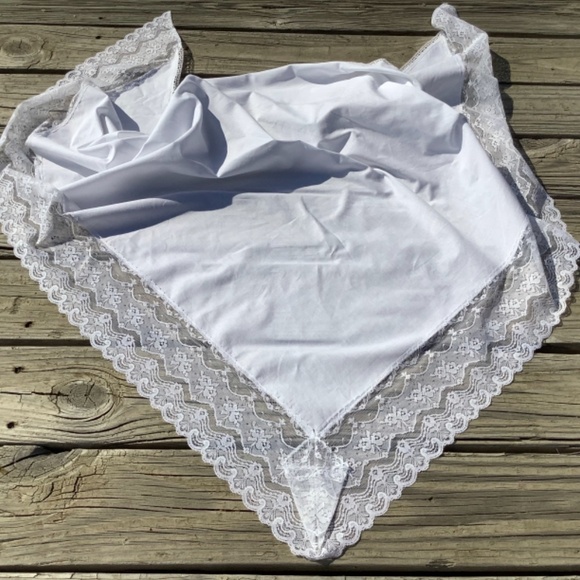 Large White Shawl with Lace Orthodox Wedding Headscarf TriangleScarf Solid White - Picture 6 of 11